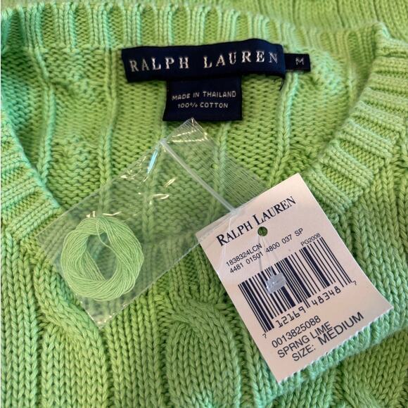 Ralph Lauren Women Lime Green Cable Knit Cotton Vintage 90s Logo Sweater MED NWT - Picture 3 of 4